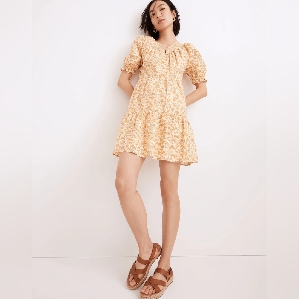 Madewell Eyelet-Trim Tiered Mini Dress in Piccola Floral French Vanilla Large